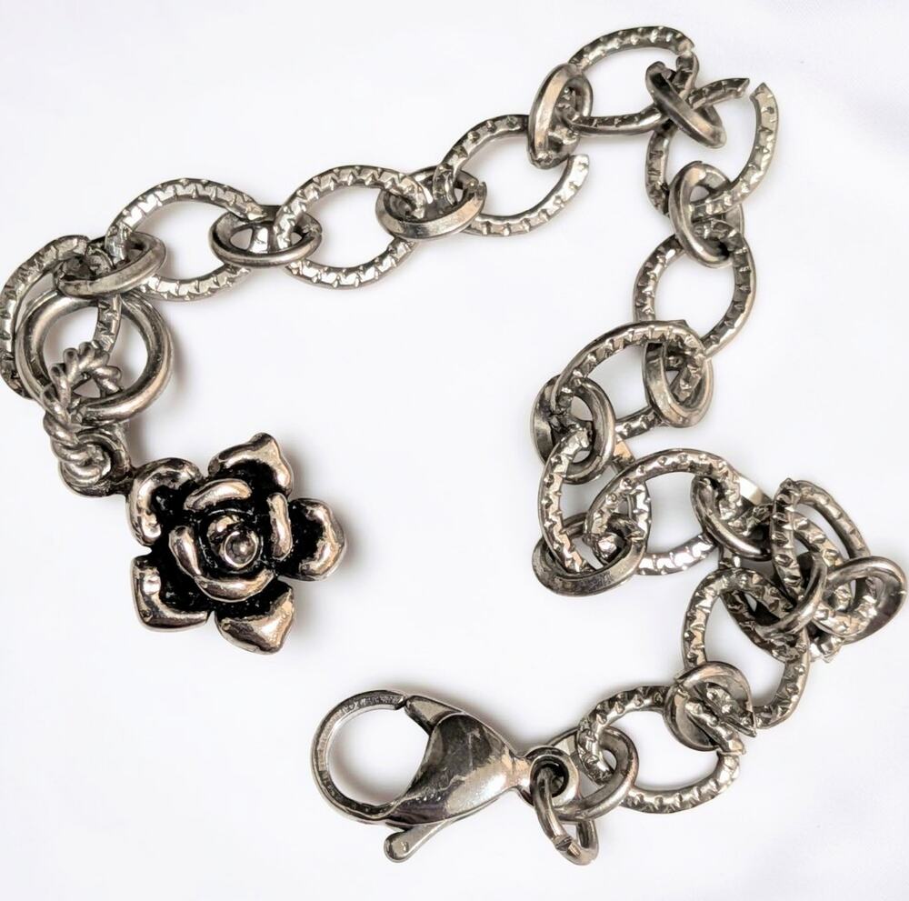 ED HARDY Rose Charm Bracelet on Stainless Steel O Link Chain